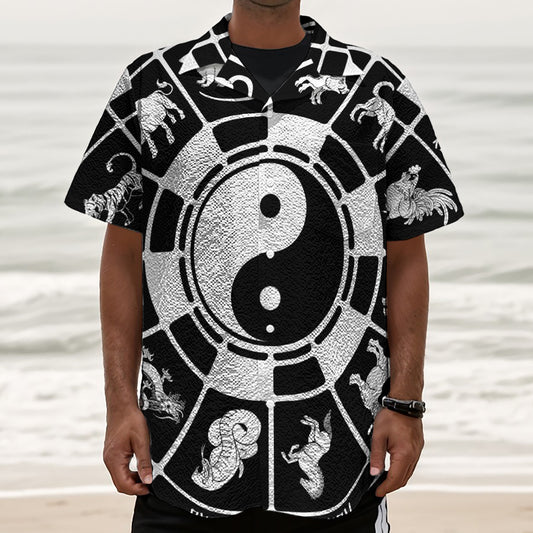 Black And White Chinese Zodiac Print Textured Short Sleeve Shirt