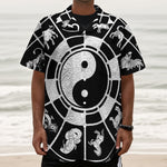 Black And White Chinese Zodiac Print Textured Short Sleeve Shirt