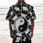 Black And White Chinese Zodiac Print Textured Short Sleeve Shirt