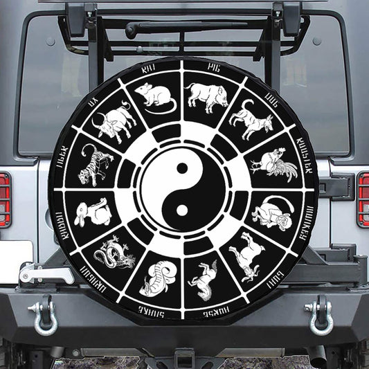 Black And White Chinese Zodiac Print Tire Cover