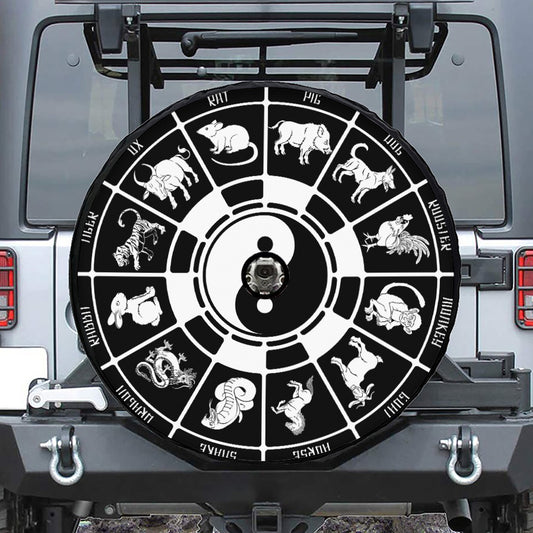 Black And White Chinese Zodiac Print Tire Cover With Camera Hole