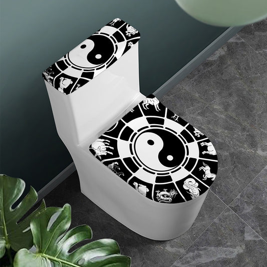 Black And White Chinese Zodiac Print Toilet Lid And Tank Cover Set