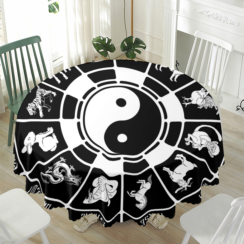 Black And White Chinese Zodiac Print Waterproof Round Tablecloth
