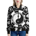 Black And White Chinese Zodiac Print Women's Bomber Jacket
