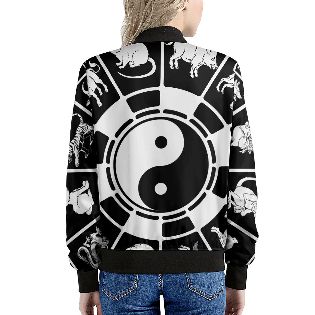 Black And White Chinese Zodiac Print Women's Bomber Jacket