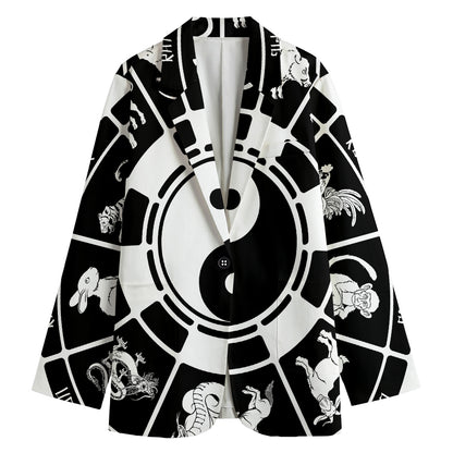 Black And White Chinese Zodiac Print Women's Cotton Blazer