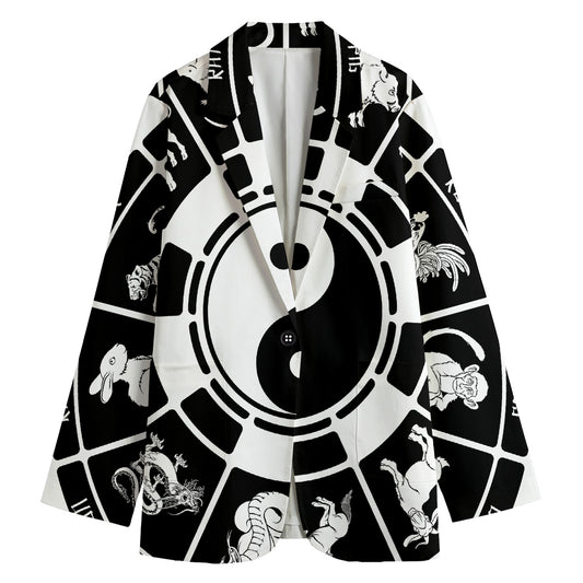 Black And White Chinese Zodiac Print Women's Cotton Blazer