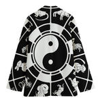 Black And White Chinese Zodiac Print Women's Cotton Blazer