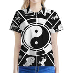 Black And White Chinese Zodiac Print Women's Polo Shirt