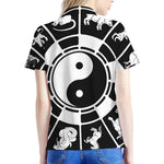 Black And White Chinese Zodiac Print Women's Polo Shirt