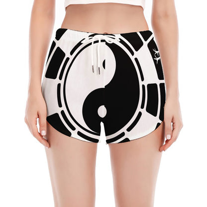 Black And White Chinese Zodiac Print Women's Split Running Shorts