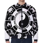 Black And White Chinese Zodiac Print Zip Sleeve Bomber Jacket
