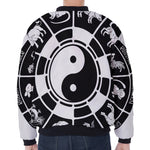 Black And White Chinese Zodiac Print Zip Sleeve Bomber Jacket