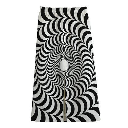Black And White Circle Illusion Print Cotton Front Slit Maxi Skirt