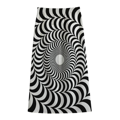 Black And White Circle Illusion Print Cotton Front Slit Maxi Skirt