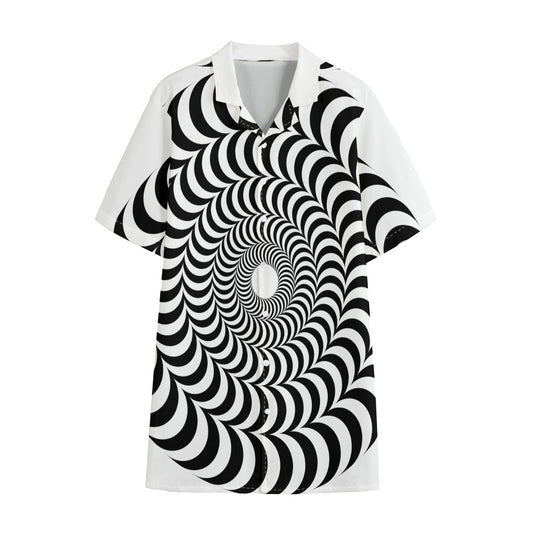 Black And White Circle Illusion Print Cotton Hawaiian Shirt
