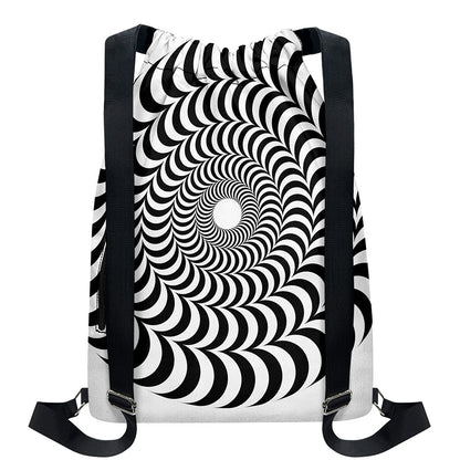 Black And White Circle Illusion Print Drawstring Backpack