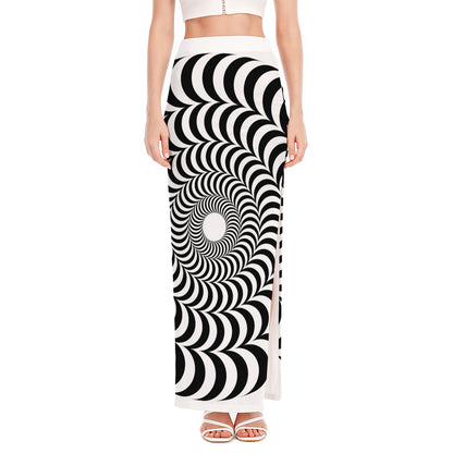 Black And White Circle Illusion Print High Slit Maxi Skirt