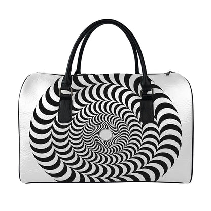 Black And White Circle Illusion Print Leather Duffle Bag