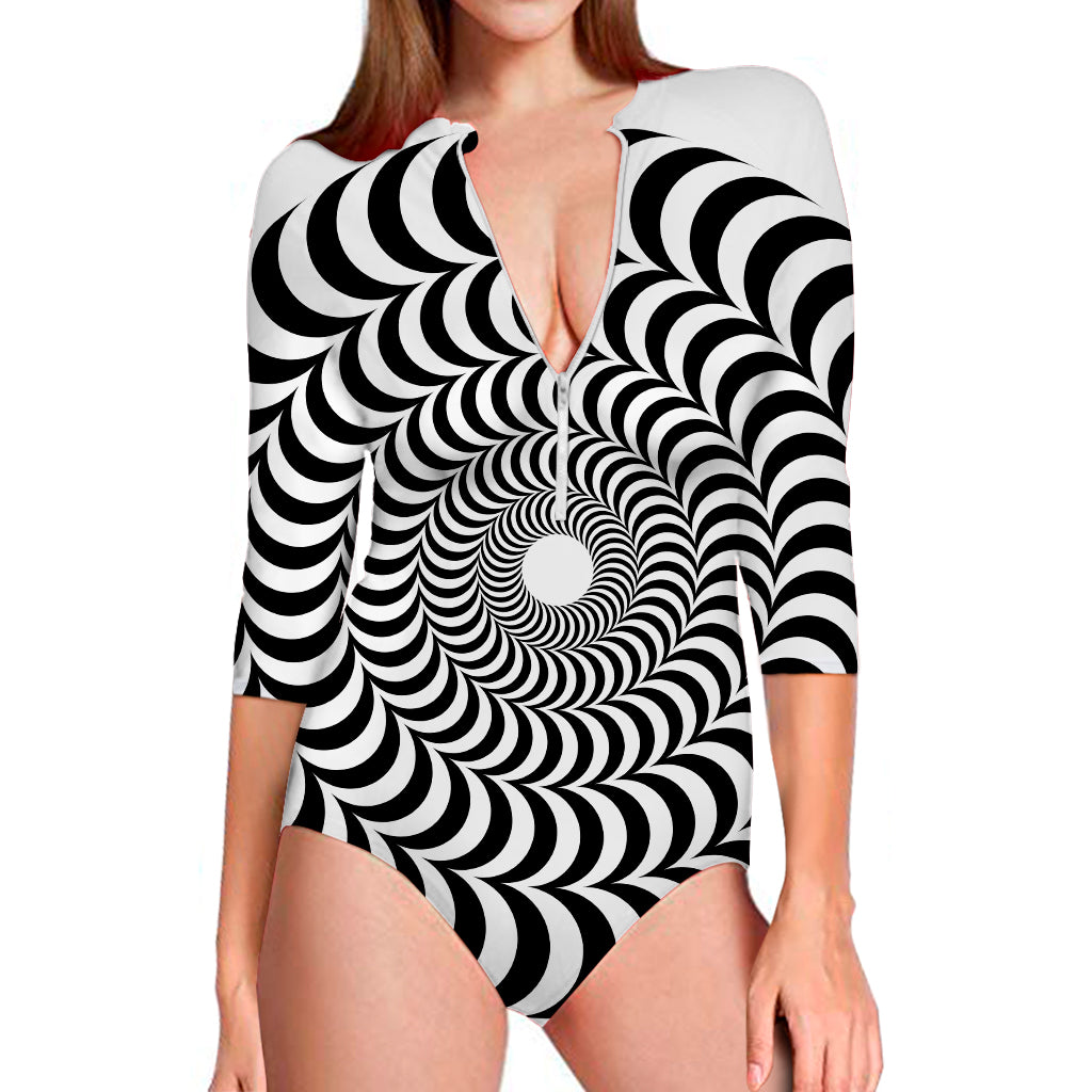 Black And White Circle Illusion Print Long Sleeve Swimsuit