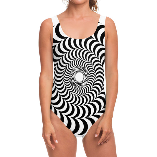 Black And White Circle Illusion Print One Piece Swimsuit