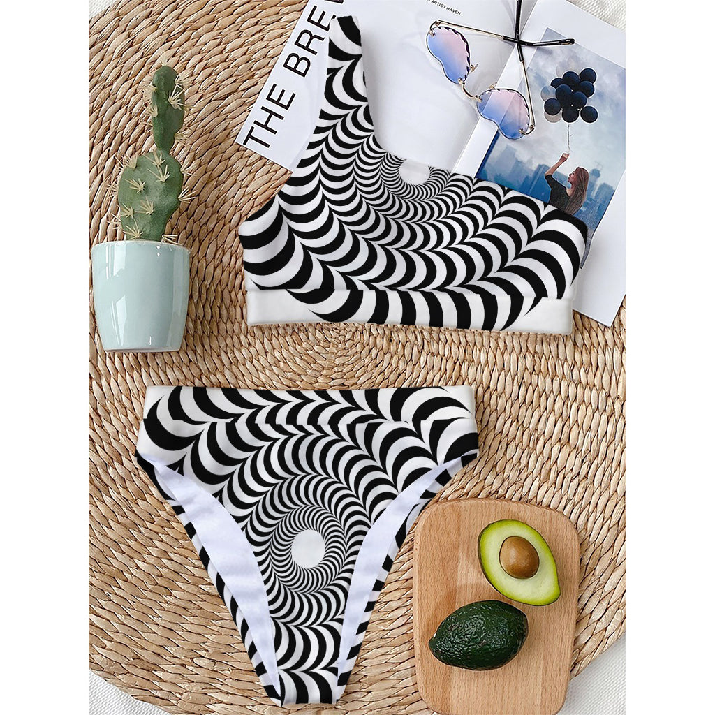 Black And White Circle Illusion Print One Shoulder Bikini Top