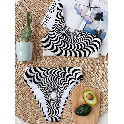 Black And White Circle Illusion Print One Shoulder Bikini Top