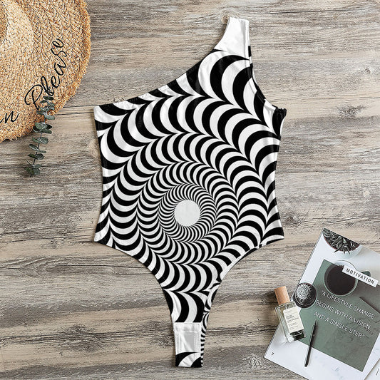 Black And White Circle Illusion Print One Shoulder Bodysuit