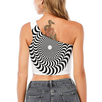 Black And White Circle Illusion Print One Shoulder Crop Top