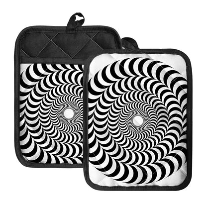 Black And White Circle Illusion Print Pot Holders With Pocket