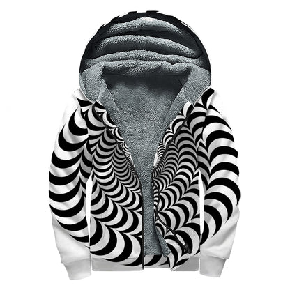 Black And White Circle Illusion Print Sherpa Lined Zip Up Hoodie