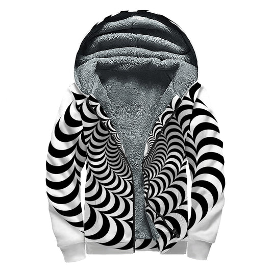 Black And White Circle Illusion Print Sherpa Lined Zip Up Hoodie