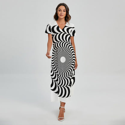 Black And White Circle Illusion Print Short Sleeve Maxi Dress