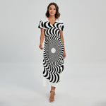 Black And White Circle Illusion Print Short Sleeve Maxi Dress