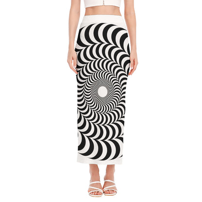 Black And White Circle Illusion Print Side Slit Maxi Skirt