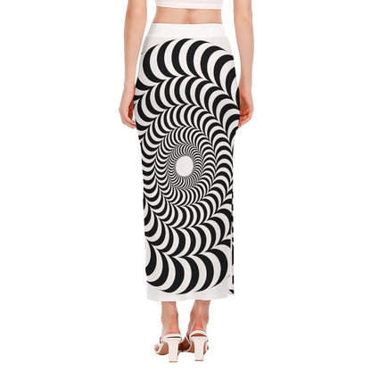 Black And White Circle Illusion Print Side Slit Maxi Skirt