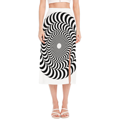 Black And White Circle Illusion Print Side Slit Midi Skirt
