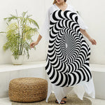 Black And White Circle Illusion Print Silk V-Neck Kaftan Dress