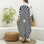 Black And White Circle Illusion Print Silk V-Neck Kaftan Dress