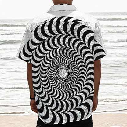Black And White Circle Illusion Print Textured Short Sleeve Shirt