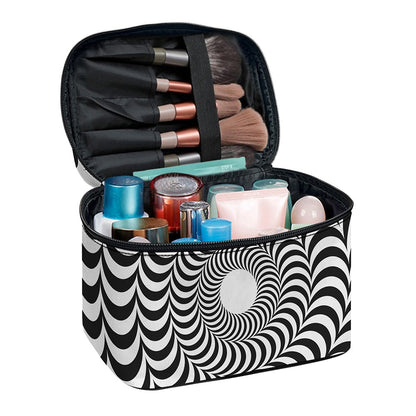 Black And White Circle Illusion Print Travel Makeup Bag