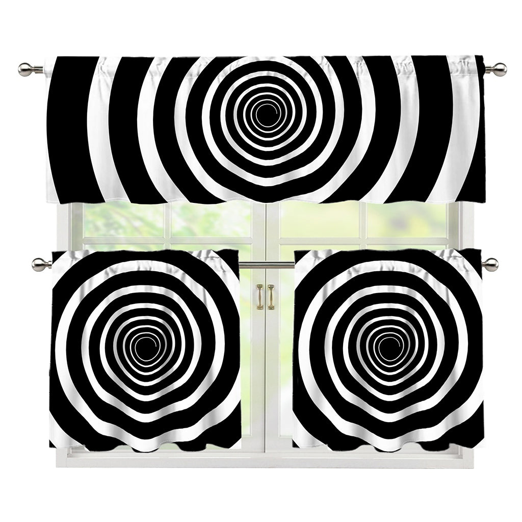 Black And White Circle Swirl Print 3 Piece Kitchen Curtains