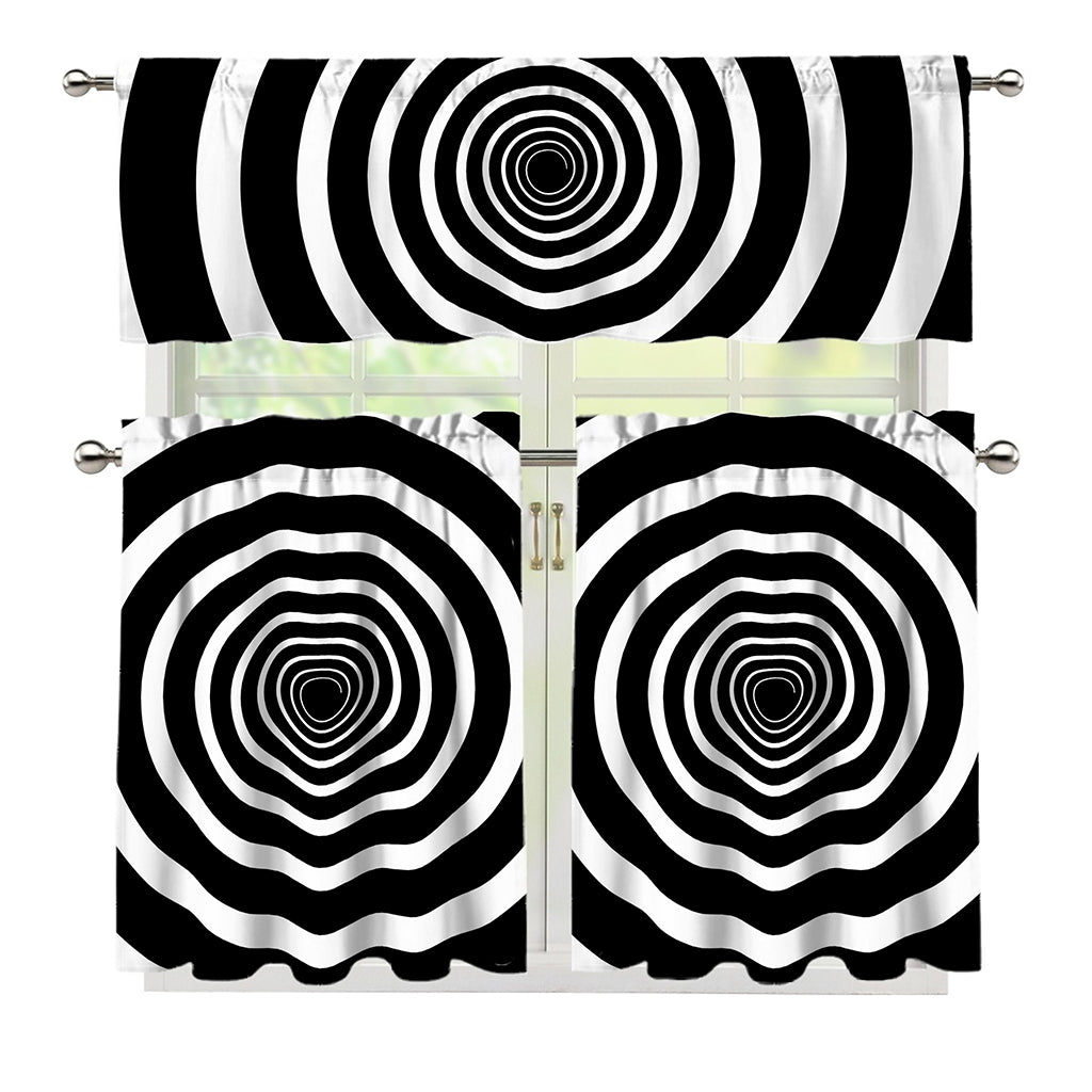 Black And White Circle Swirl Print 3 Piece Kitchen Curtains