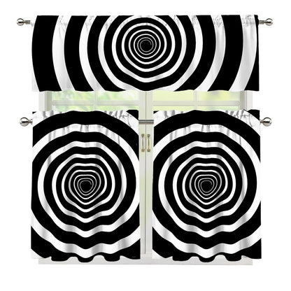 Black And White Circle Swirl Print 3 Piece Kitchen Curtains