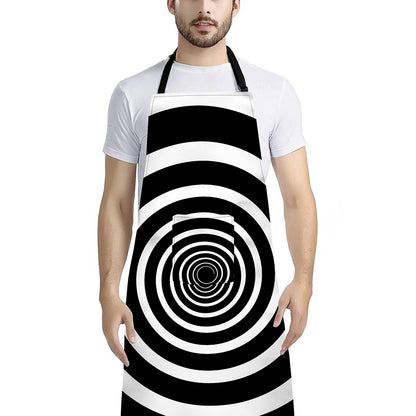 Black And White Circle Swirl Print Bib Apron With Pocket