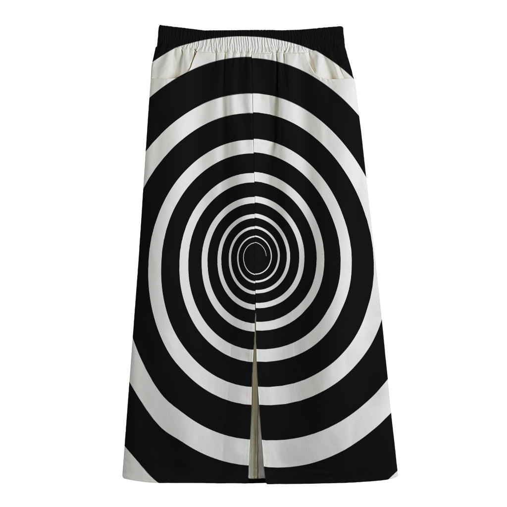 Black And White Circle Swirl Print Cotton Front Slit Maxi Skirt