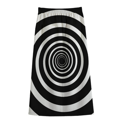 Black And White Circle Swirl Print Cotton Front Slit Maxi Skirt