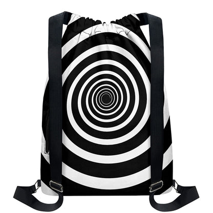 Black And White Circle Swirl Print Drawstring Backpack