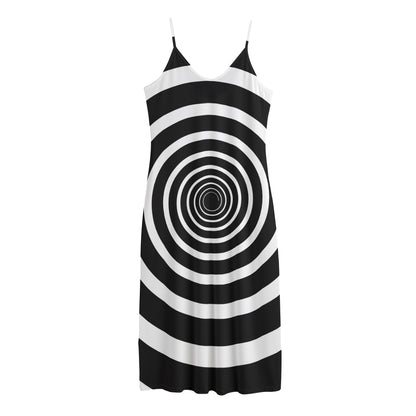Black And White Circle Swirl Print Jersey Midi Cami Dress