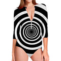 Black And White Circle Swirl Print Long Sleeve Swimsuit